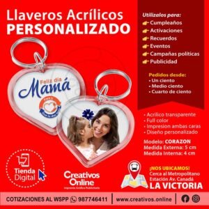 Llaveros corazón personalizados en acrilico